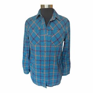 Duluth Trading Co Teal and Orange Plaid Shirt